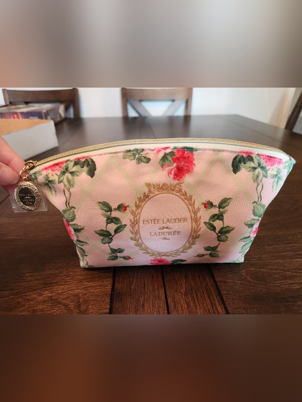 Estee Lauder Pink Floral x Ladurée Cosmetic Pouch with Gold Logo New 9x5x2